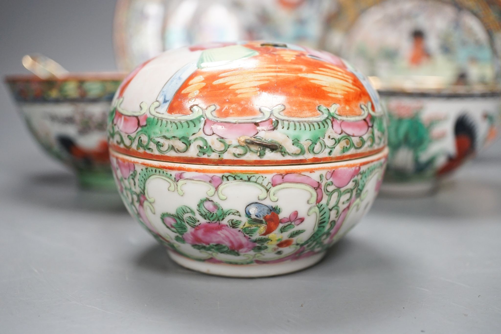 A Chinese famille rose box and cover, 9.7 cm diameter and a group of porcelain ‘chicken’ wares, Republic period